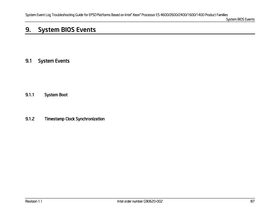 System bios events, 1 system events, 1 system boot | 2 timestamp clock synchronization, System events, System boot, Timestamp clock synchronization | Kontron S4600 SEL Troubleshooting User Manual | Page 97 / 141