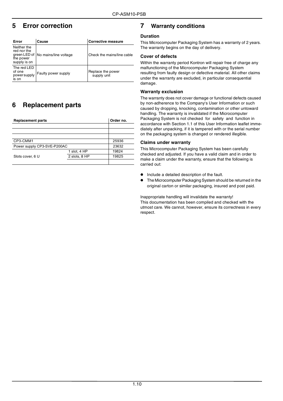 5 error correction 6 replacement parts, Warranty conditions | Kontron CP-ASM10-PSB User Manual | Page 10 / 10