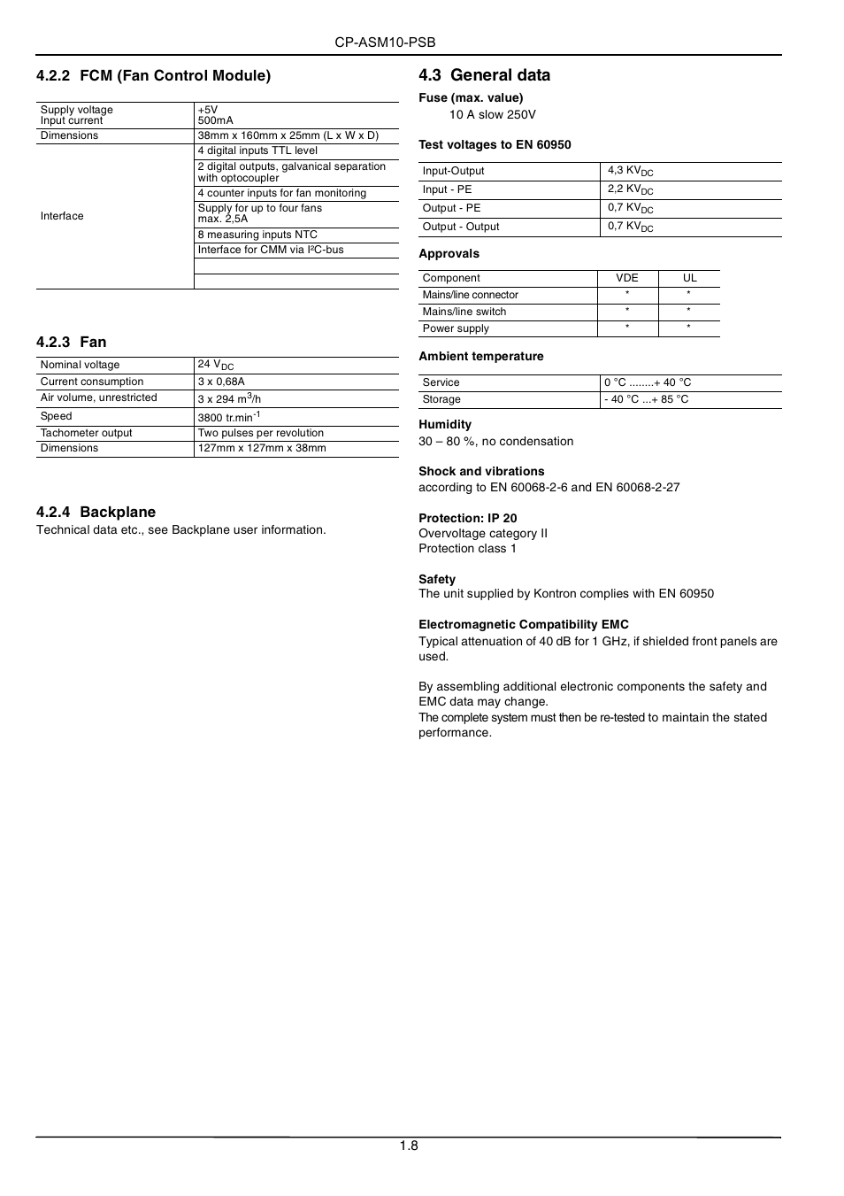 3 general data, 2 fcm (fan control module), 3 fan 4.2.4 backplane | Kontron CP-ASM10-PSB User Manual | Page 8 / 10