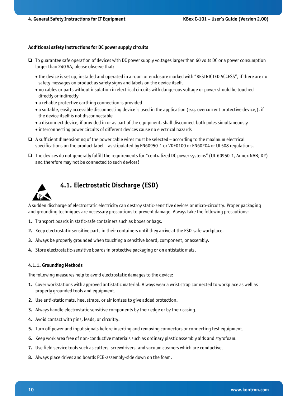 Electrostatic discharge (esd), Grounding methods | Kontron KBox C-101 User Manual | Page 12 / 71