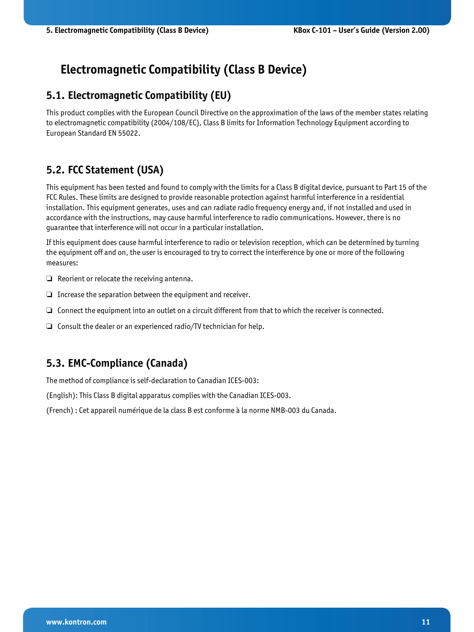 Electromagnetic compatibility (class b device), Electromagnetic compatibility (eu), Fcc statement (usa) | Emc-compliance (canada) | Kontron KBox C-101 User Manual | Page 13 / 71