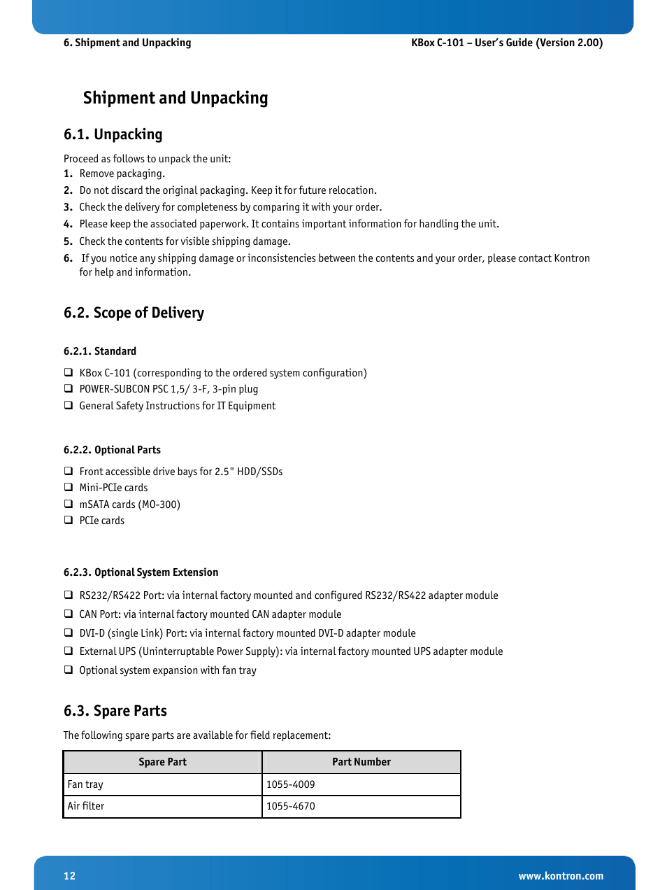 Shipment and unpacking, Unpacking, Scope of delivery | Standard, Optional parts, Optional system extension, Spare parts | Kontron KBox C-101 User Manual | Page 14 / 71