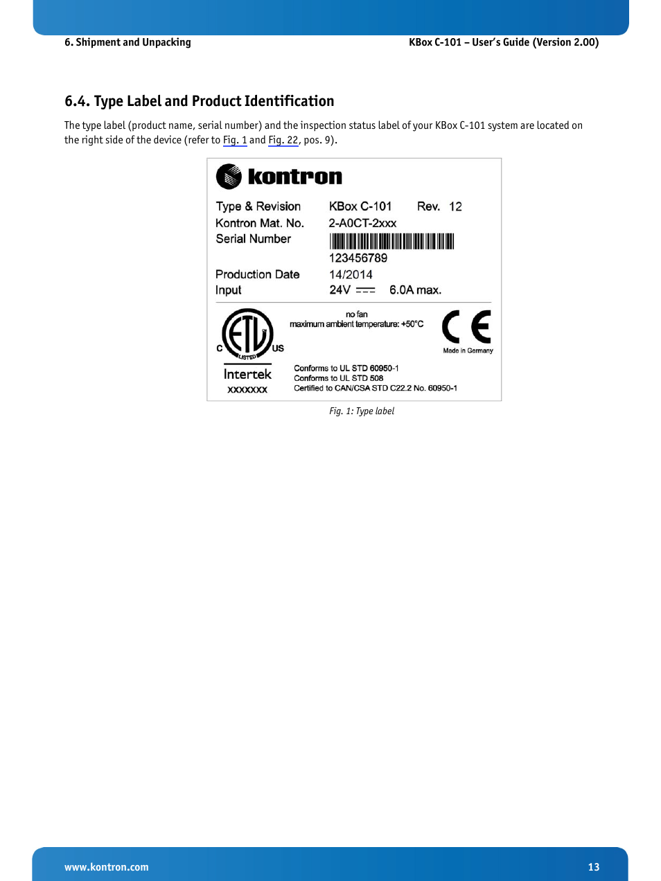 Type label and product identification, Fig. 1: type label | Kontron KBox C-101 User Manual | Page 15 / 71