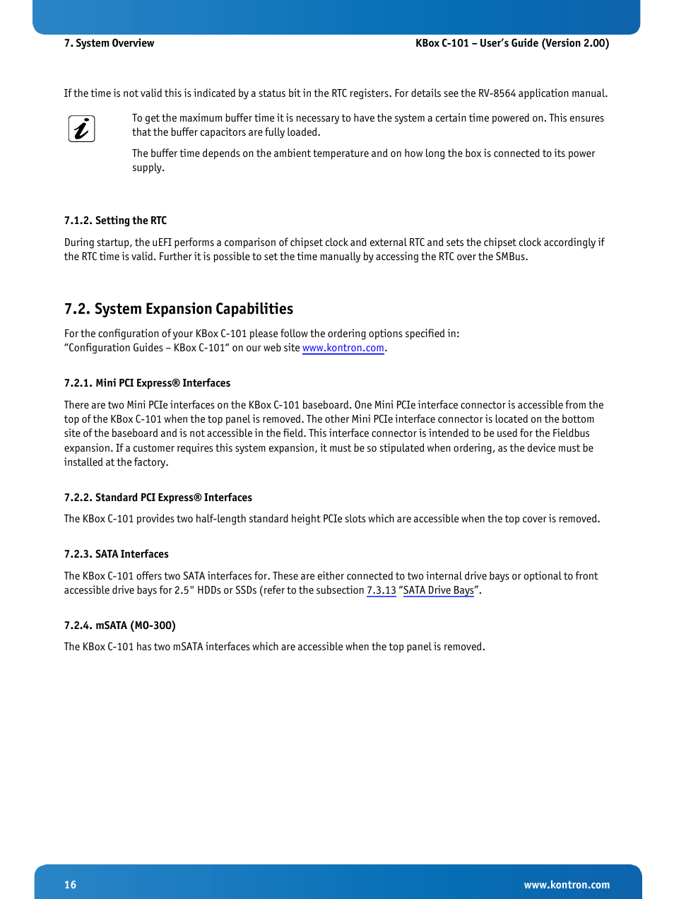 Setting the rtc, System expansion capabilities, Mini pci express® interfaces | Standard pci express® interfaces, Sata interfaces, Msata (mo-300) | Kontron KBox C-101 User Manual | Page 18 / 71