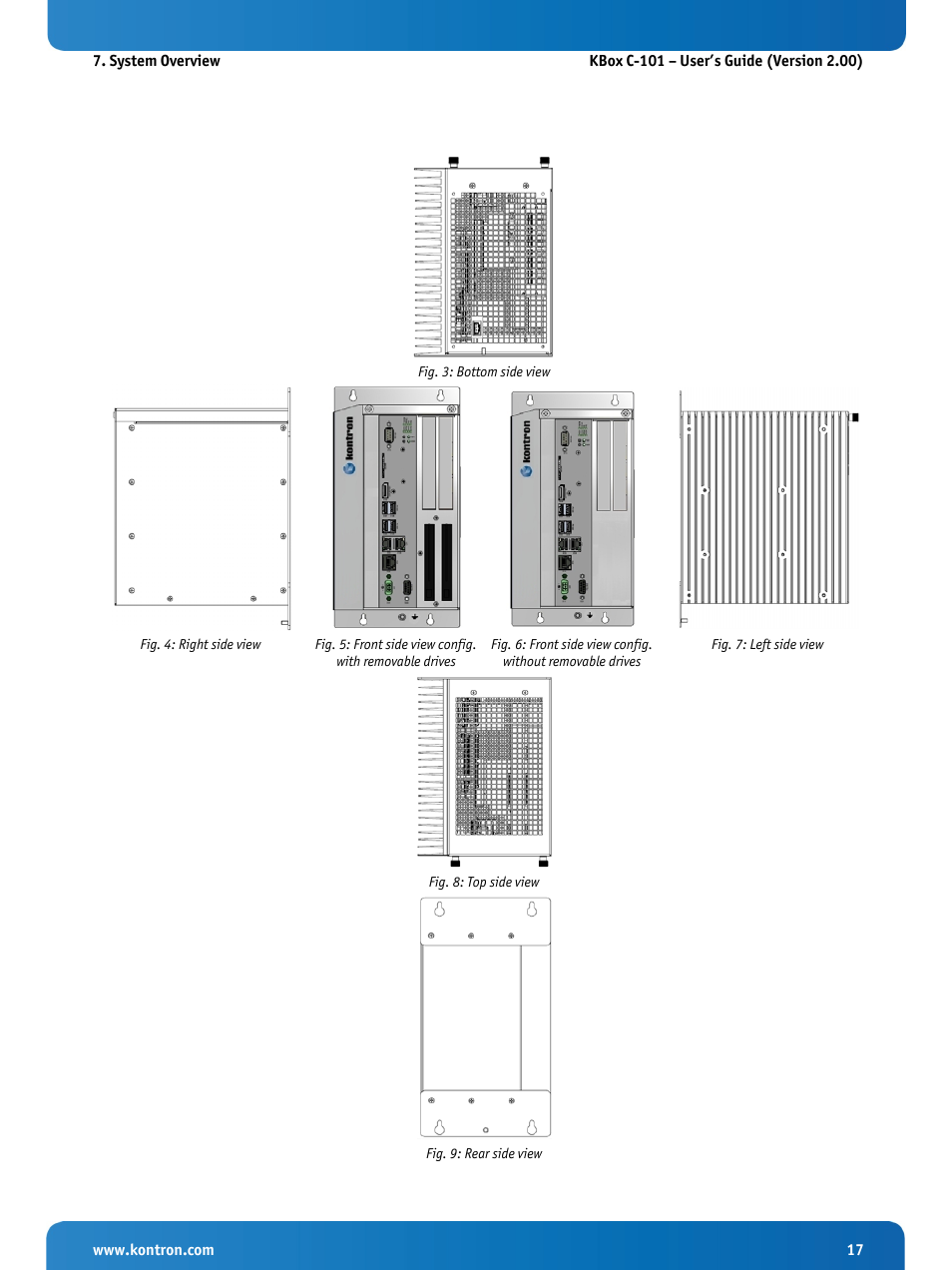 Fig. 3: bottom side view, Fig. 4: right side view, Fig. 7: left side view | Fig. 8: top side view, Fig. 9: rear side view | Kontron KBox C-101 User Manual | Page 19 / 71