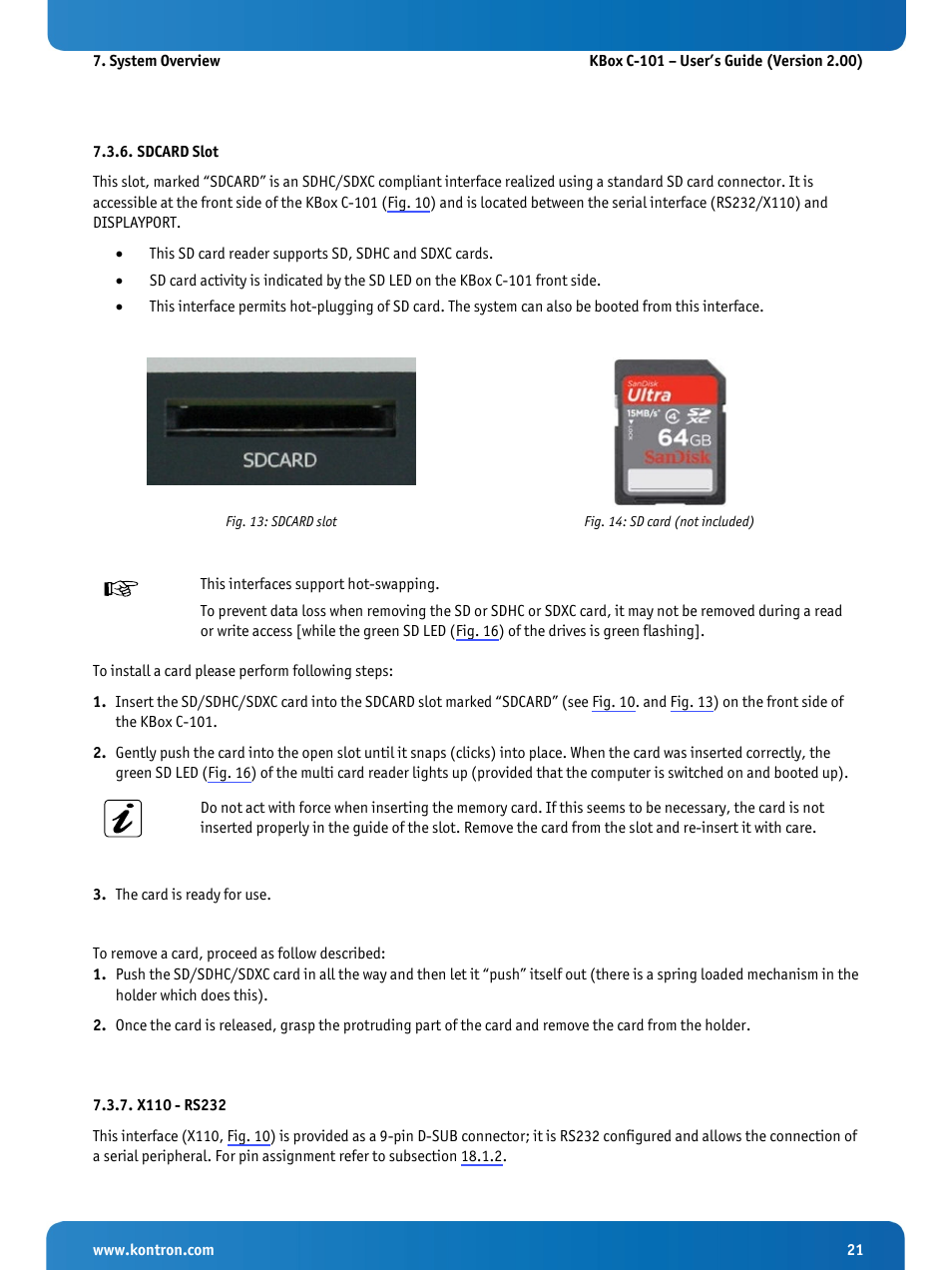 Sdcard slot, X110 - rs232, Fig. 13: sdcard slot | Fig. 14: sd card (not included) | Kontron KBox C-101 User Manual | Page 23 / 71