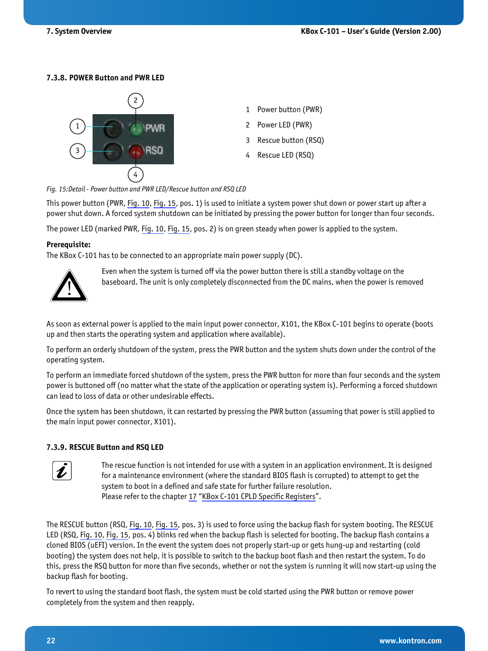 Power button and pwr led, Rescue button and rsq led | Kontron KBox C-101 User Manual | Page 24 / 71