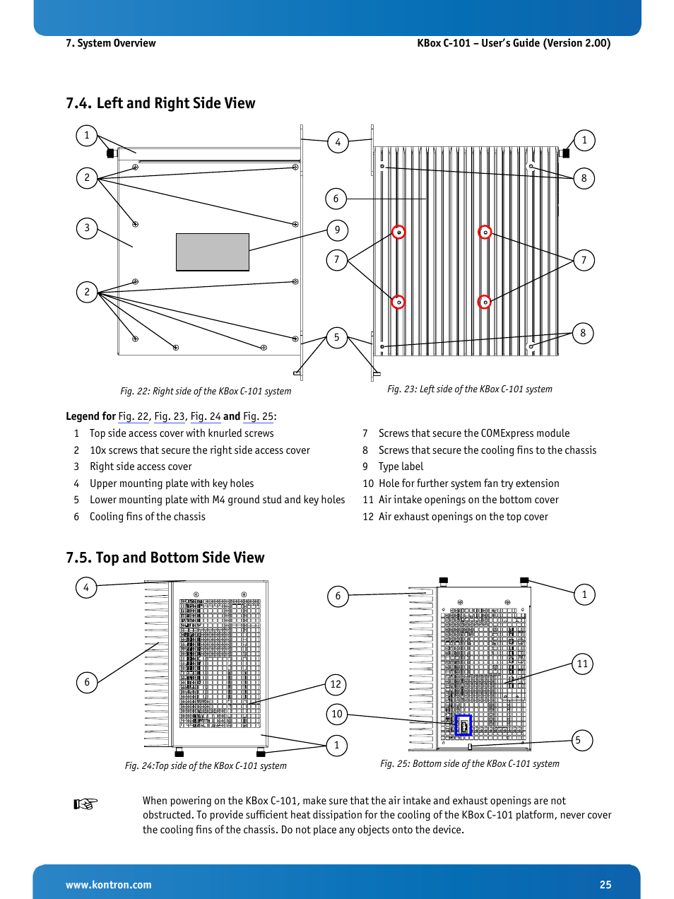 Left and right side view, Top and bottom side view, Fig. 22: right side of the kbox c-101 system | Fig. 23: left side of the kbox c-101 system, Fig. 24:top side of the kbox c-101 system, Fig. 25: bottom side of the kbox c-101 system, Fig. 25, Fig. 23, fig. 24 and fig. 25, Fig. 24 and fig. 22 | Kontron KBox C-101 User Manual | Page 27 / 71