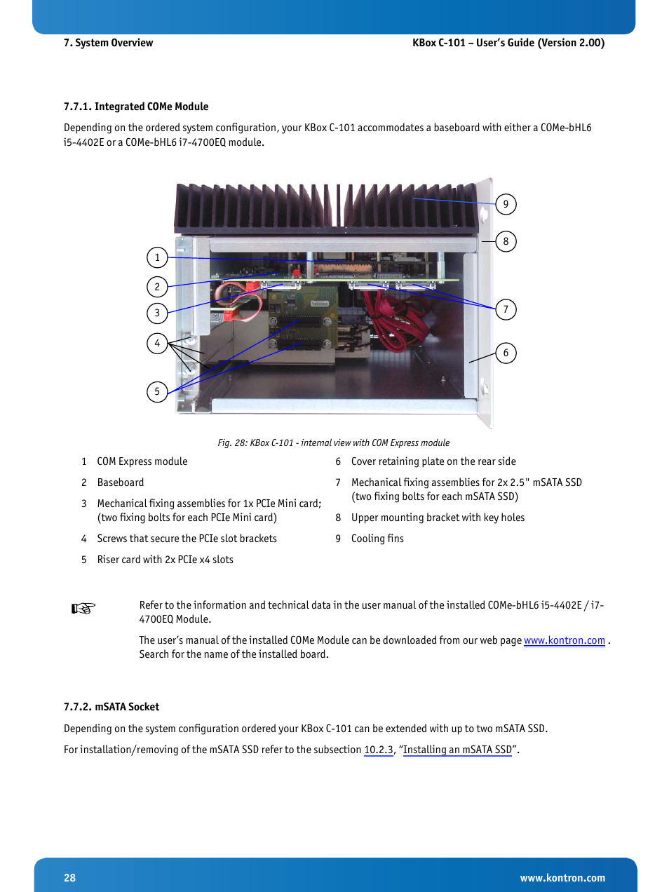 Integrated come module, Msata socket | Kontron KBox C-101 User Manual | Page 30 / 71