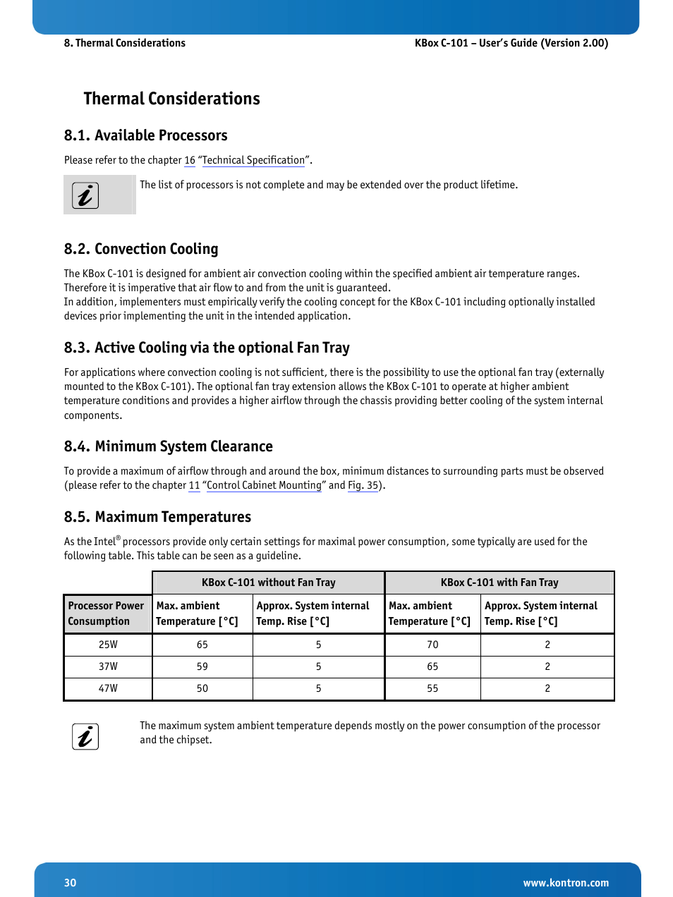 Thermal considerations, Available processors, Convection cooling | Active cooling via the optional fan tray, Minimum system clearance, Maximum temperatures | Kontron KBox C-101 User Manual | Page 32 / 71