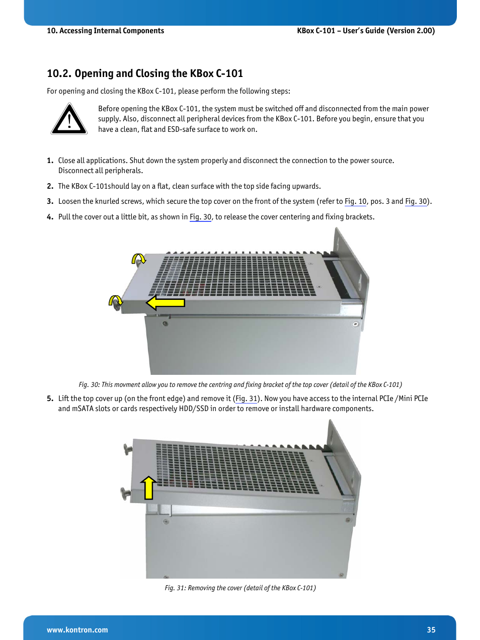 Opening and closing the kbox c-101 | Kontron KBox C-101 User Manual | Page 37 / 71