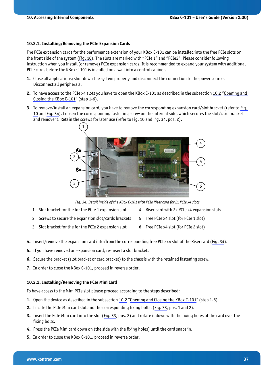 Installing/removing the pcie expansion cards, Installing/removing the pcie mini card, R to the subsection 10.2.2 | R to the subsection 10.2.1 | Kontron KBox C-101 User Manual | Page 39 / 71