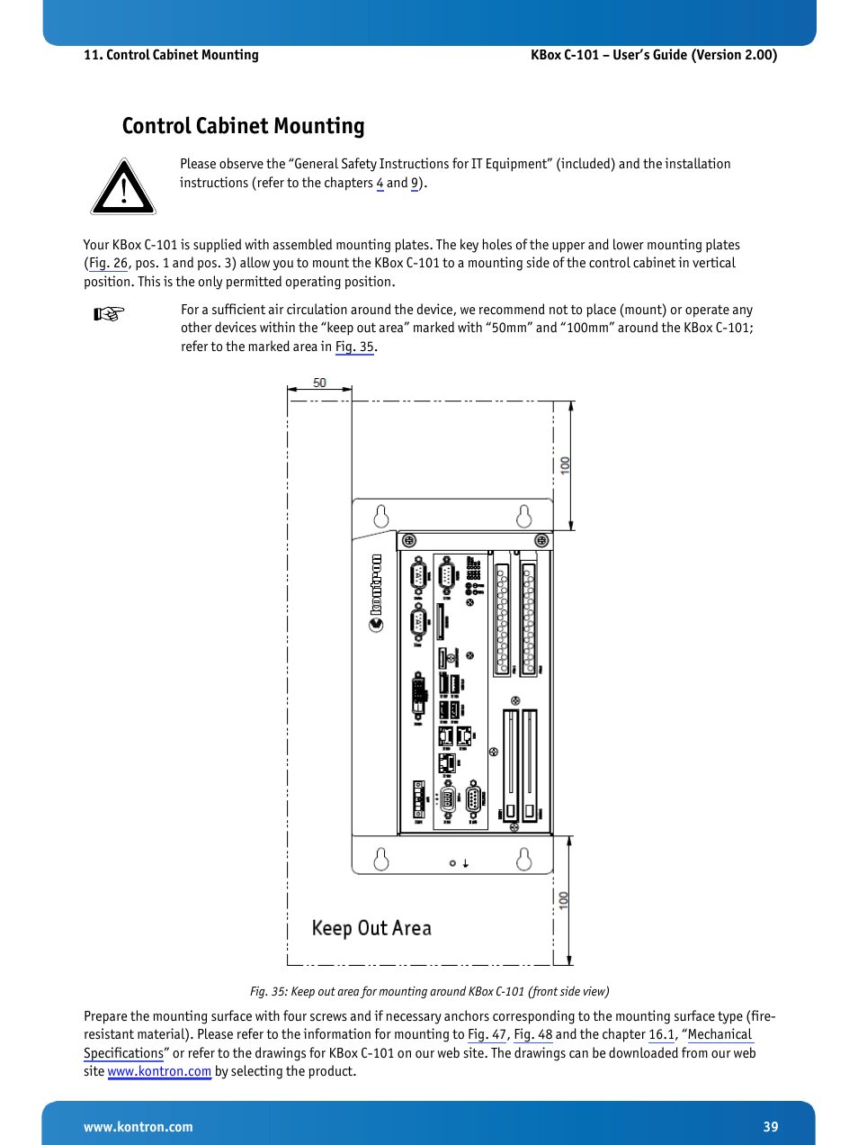 Control cabinet mounting, Refer also to fig. 35 | Kontron KBox C-101 User Manual | Page 41 / 71