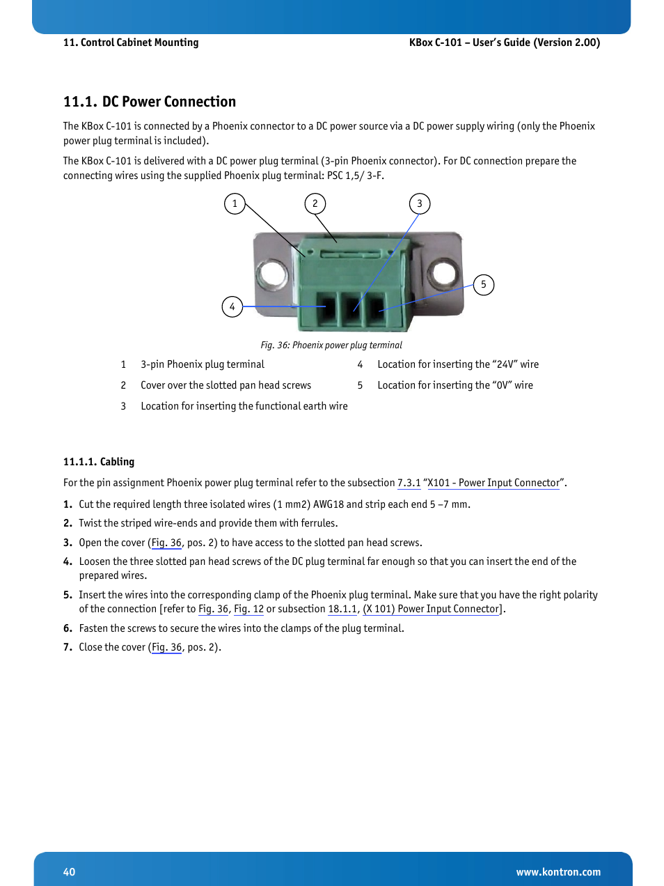 Dc power connection, Cabling, Fig. 36: phoenix power plug terminal | Section 11.1 | Kontron KBox C-101 User Manual | Page 42 / 71