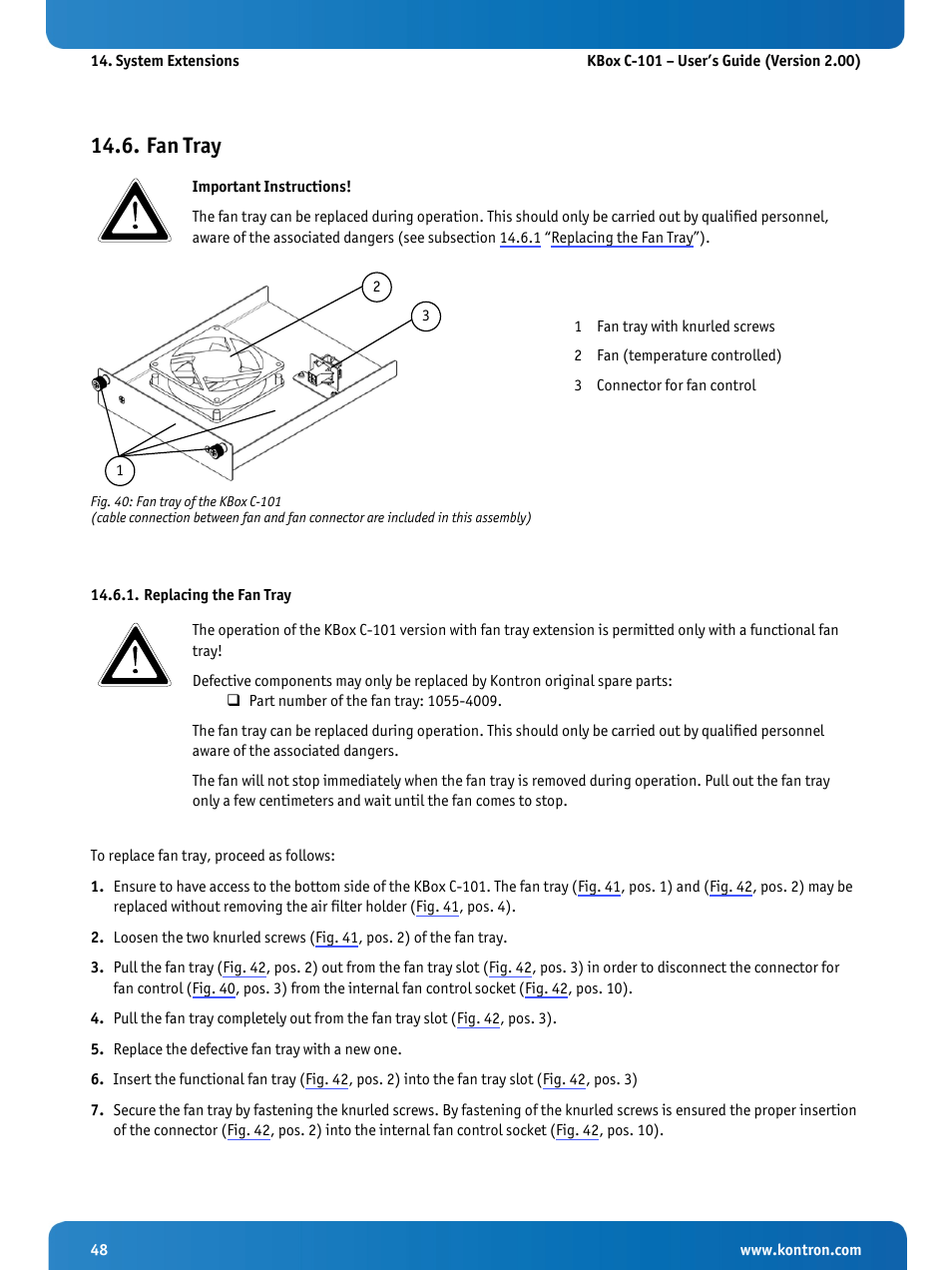 Fan tray, Replacing the fan tray | Kontron KBox C-101 User Manual | Page 50 / 71