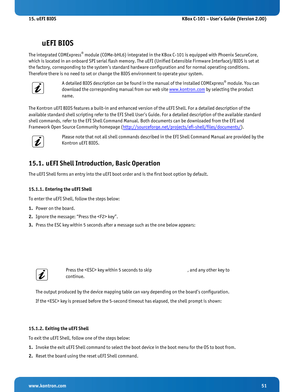 Uefi bios, Uefi shell introduction, basic operation, Entering the uefi shell | Exiting the uefi shell | Kontron KBox C-101 User Manual | Page 53 / 71