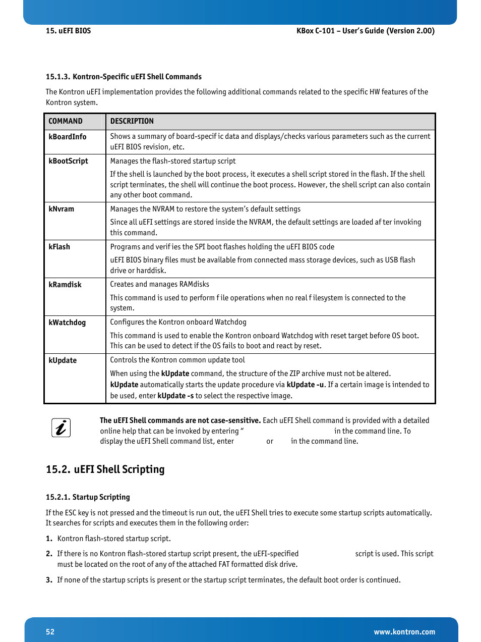 Kontron-specific uefi shell commands, Uefi shell scripting, Startup scripting | Kontron KBox C-101 User Manual | Page 54 / 71