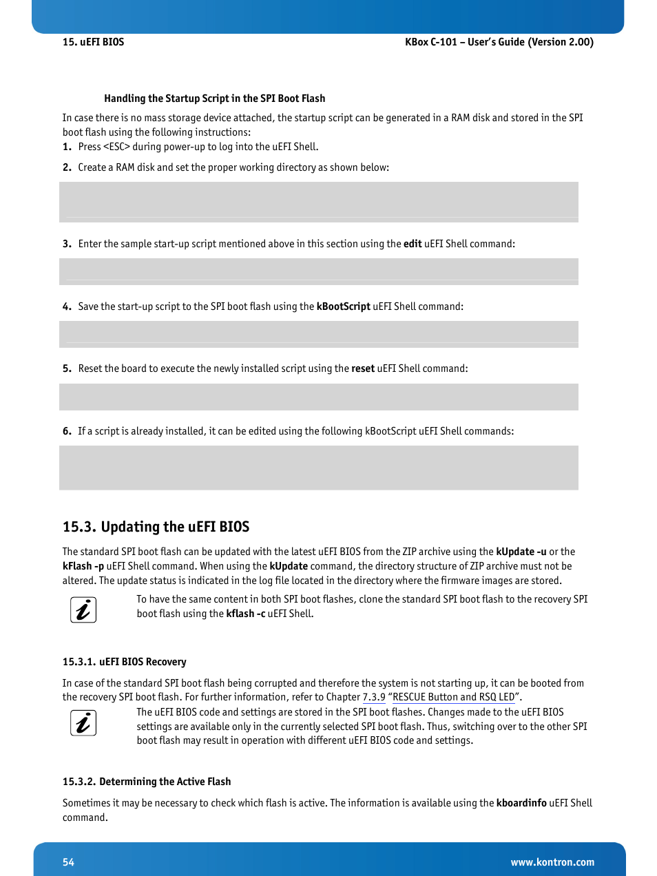 Updating the uefi bios, Uefi bios recovery, Determining the active flash | Kontron KBox C-101 User Manual | Page 56 / 71