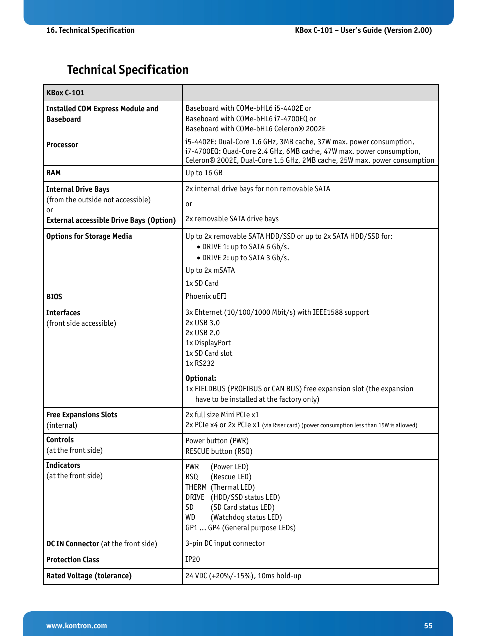 Technical specification, 16 “technical specification | Kontron KBox C-101 User Manual | Page 57 / 71