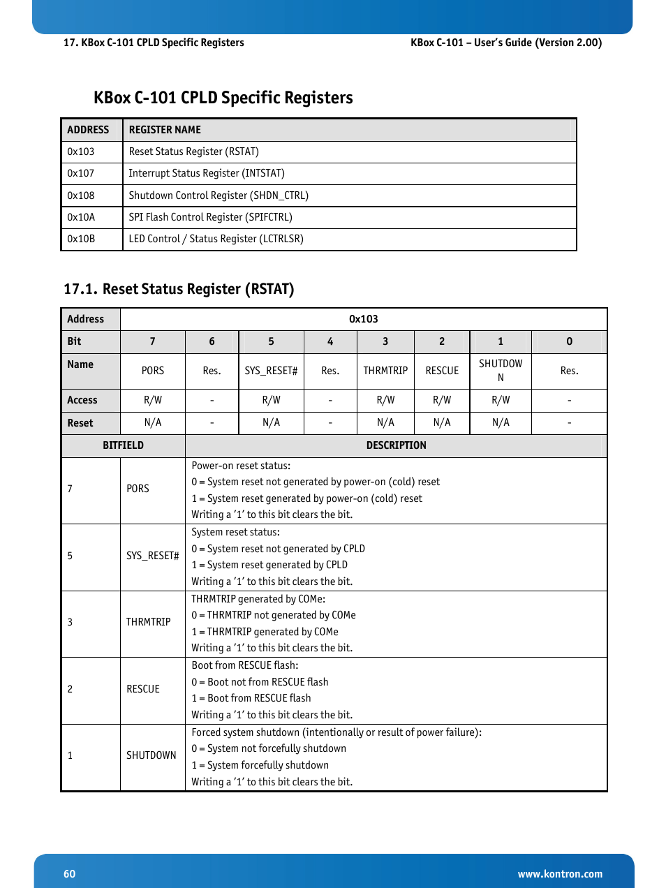 Kbox c-101 cpld specific registers, Reset status register (rstat) | Kontron KBox C-101 User Manual | Page 62 / 71