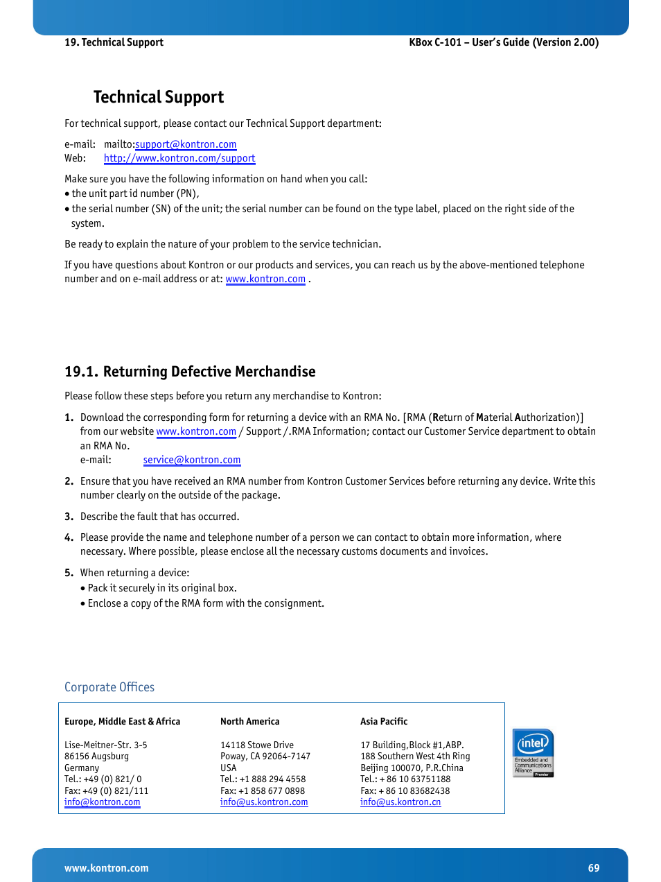 Technical support, Returning defective merchandise | Kontron KBox C-101 User Manual | Page 71 / 71