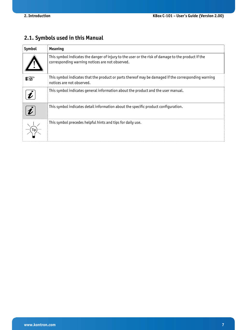 Symbols used in this manual | Kontron KBox C-101 User Manual | Page 9 / 71