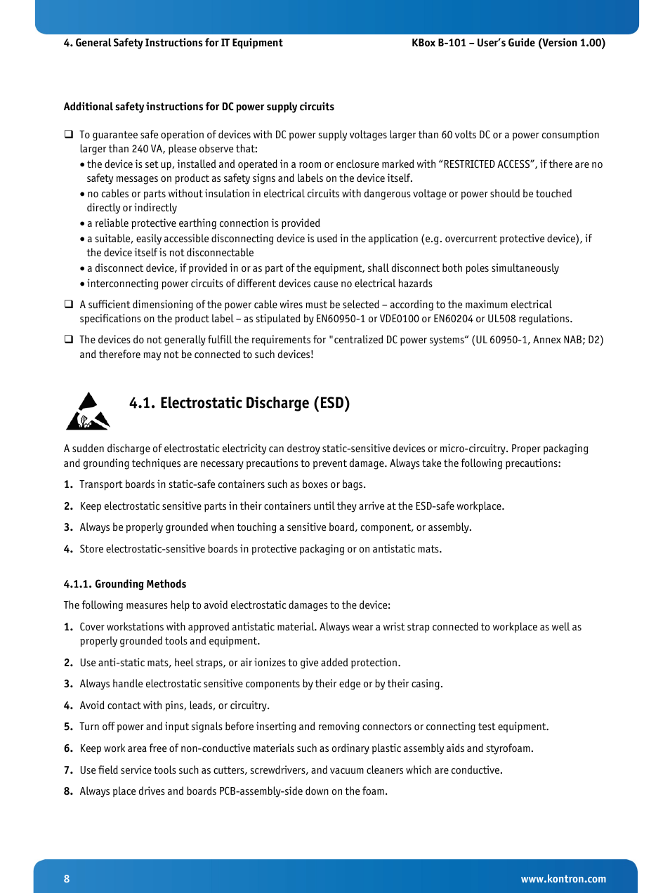 Electrostatic discharge (esd), Grounding methods | Kontron KBox B-101 Configuration Guide User Manual | Page 10 / 40