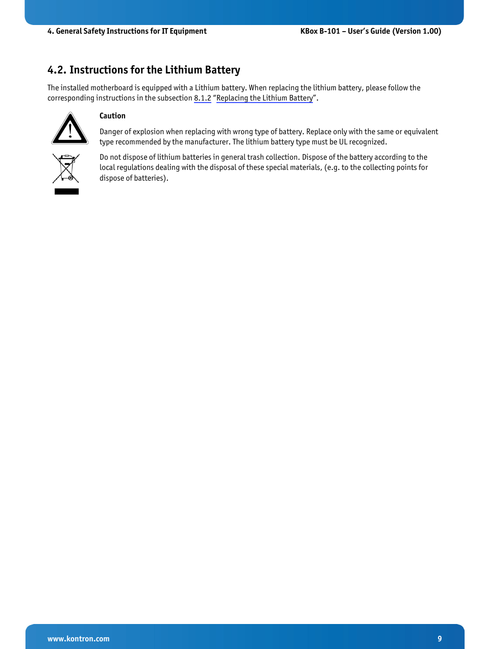 Instructions for the lithium battery | Kontron KBox B-101 Configuration Guide User Manual | Page 11 / 40