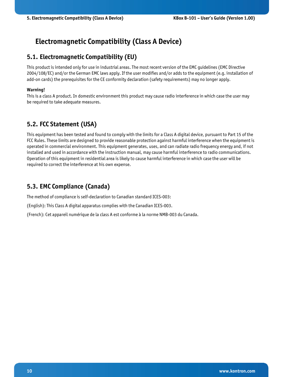 Electromagnetic compatibility (class a device), Electromagnetic compatibility (eu), Fcc statement (usa) | Emc compliance (canada) | Kontron KBox B-101 Configuration Guide User Manual | Page 12 / 40