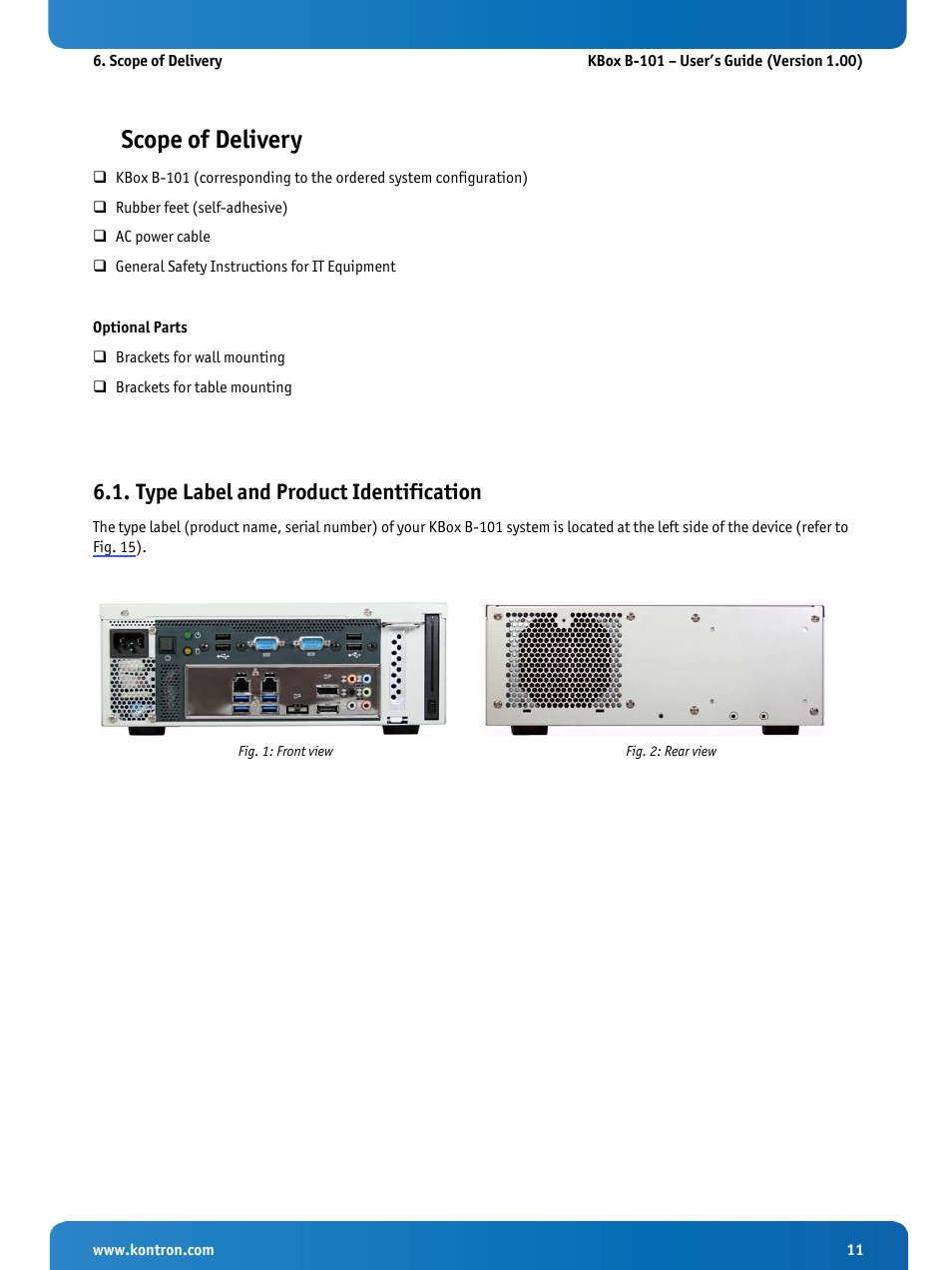 Scope of delivery, Type label and product identification, Fig. 1: front view | Fig. 2: rear view | Kontron KBox B-101 Configuration Guide User Manual | Page 13 / 40