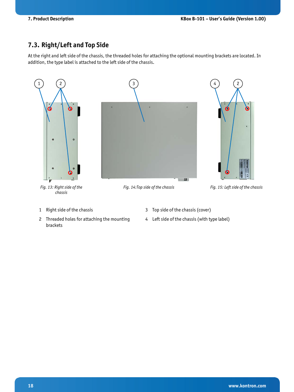 Right/left and top side, Fig. 13: right side of the chassis, Fig. 14:top side of the chassis | Fig. 15: left side of the chassis | Kontron KBox B-101 Configuration Guide User Manual | Page 20 / 40
