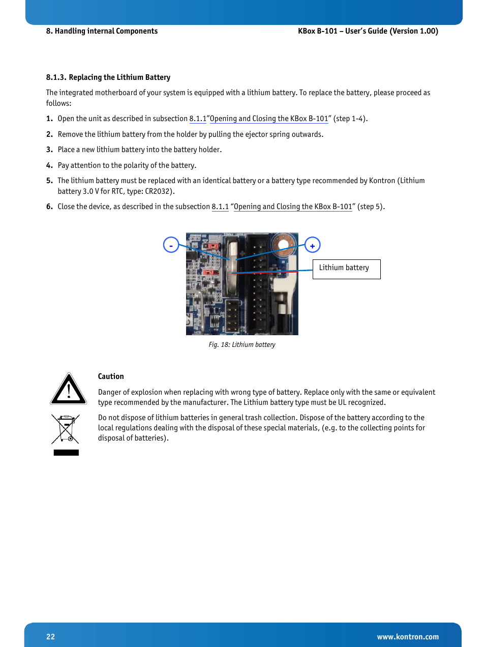 Replacing the lithium battery, Fig. 18: lithium battery | Kontron KBox B-101 Configuration Guide User Manual | Page 24 / 40