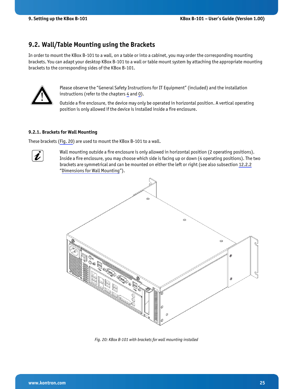Wall/table mounting using the brackets, Brackets for wall mounting | Kontron KBox B-101 Configuration Guide User Manual | Page 27 / 40