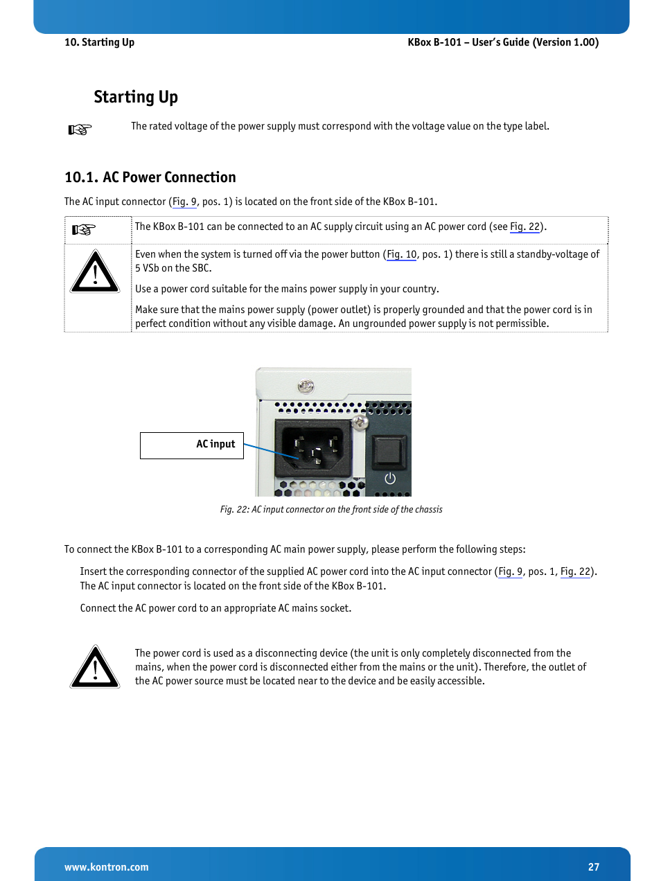 Starting up, Ac power connection | Kontron KBox B-101 Configuration Guide User Manual | Page 29 / 40