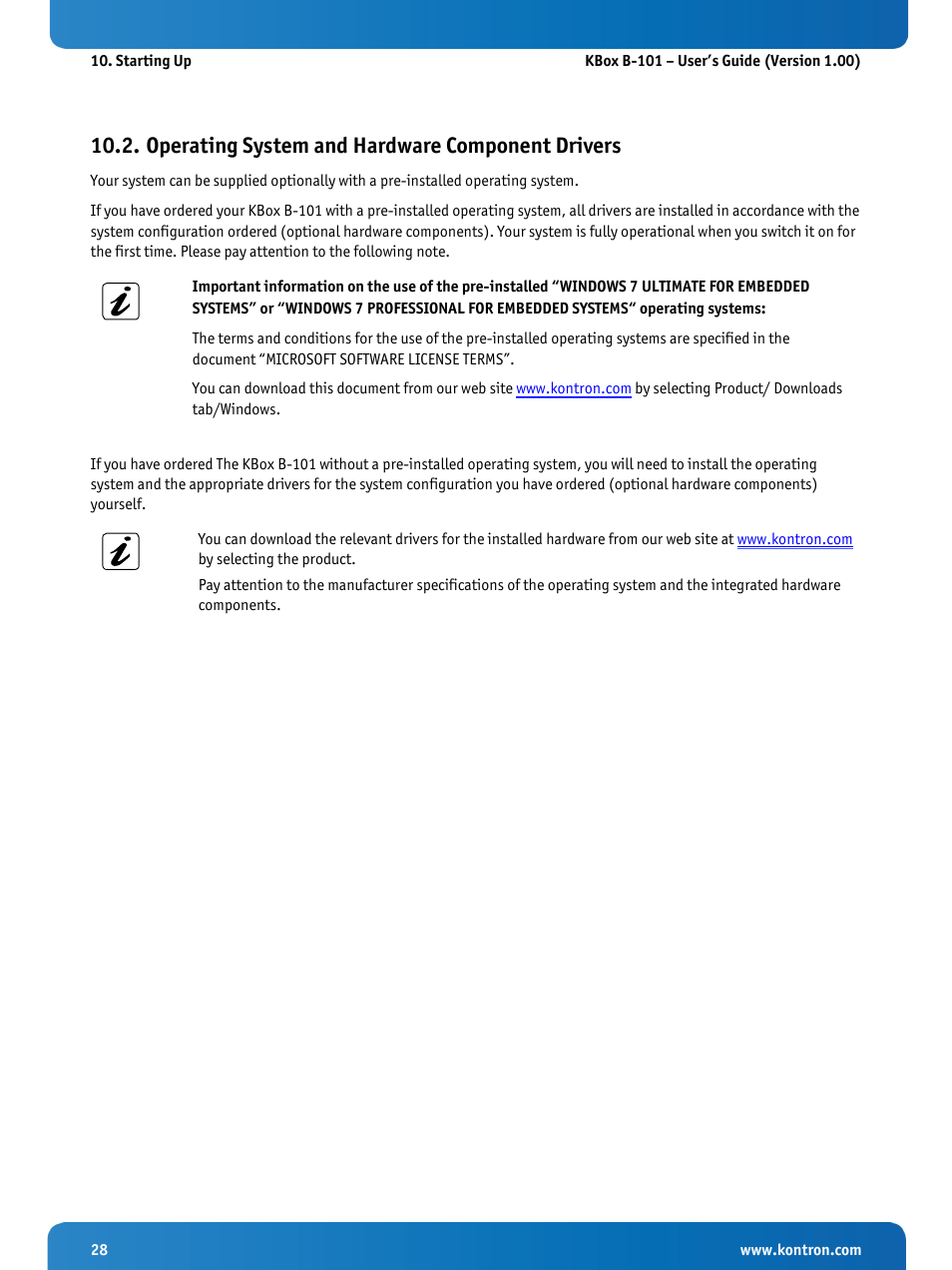 Operating system and hardware component drivers | Kontron KBox B-101 Configuration Guide User Manual | Page 30 / 40