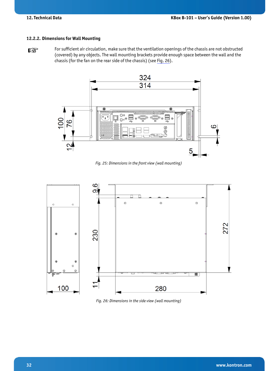 Dimensions for wall mounting, Or right (see also subsection 12.2.2 | Kontron KBox B-101 Configuration Guide User Manual | Page 34 / 40