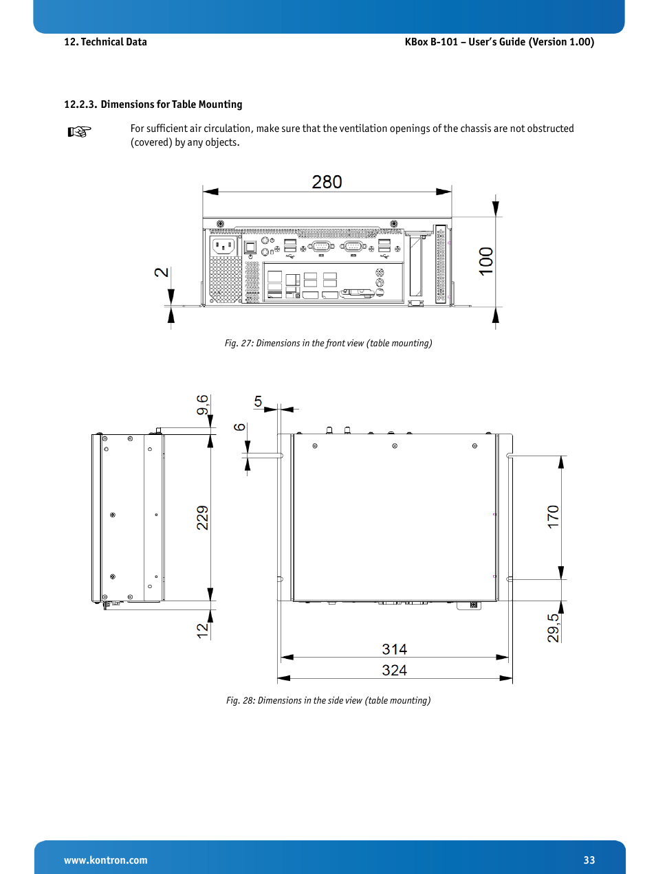 Dimensions for table mounting | Kontron KBox B-101 Configuration Guide User Manual | Page 35 / 40