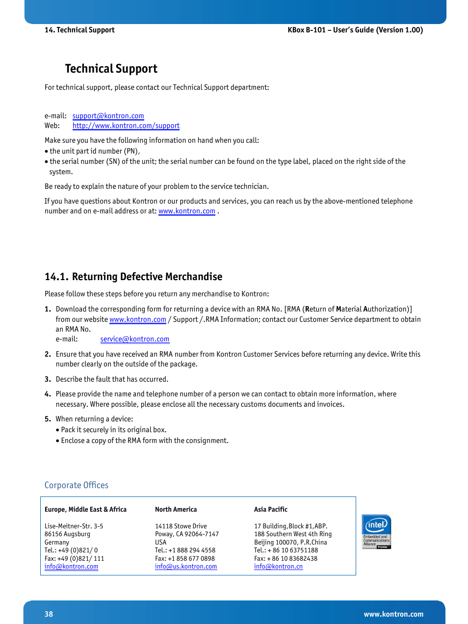 Technical support, Returning defective merchandise | Kontron KBox B-101 Configuration Guide User Manual | Page 40 / 40