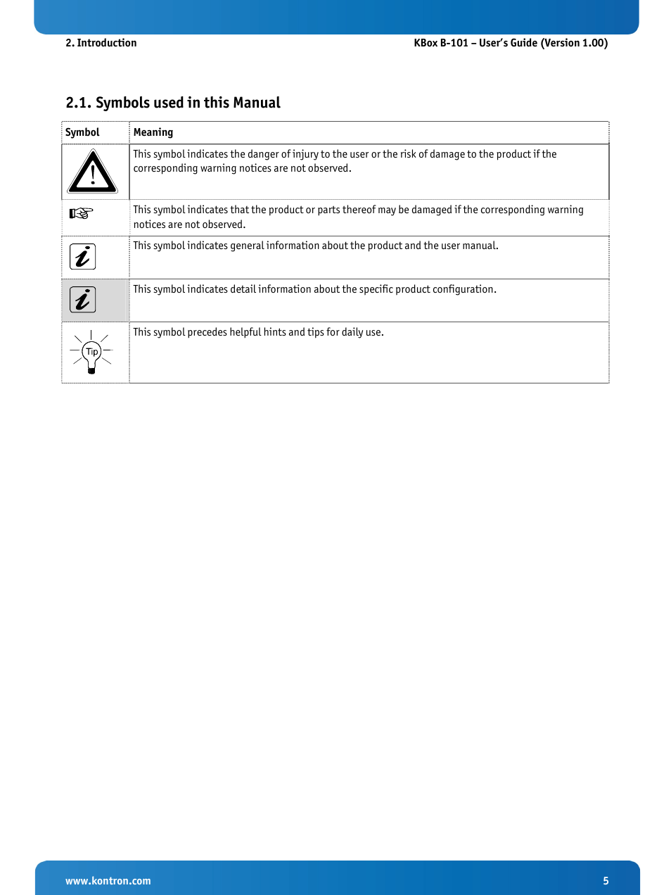 Symbols used in this manual | Kontron KBox B-101 Configuration Guide User Manual | Page 7 / 40