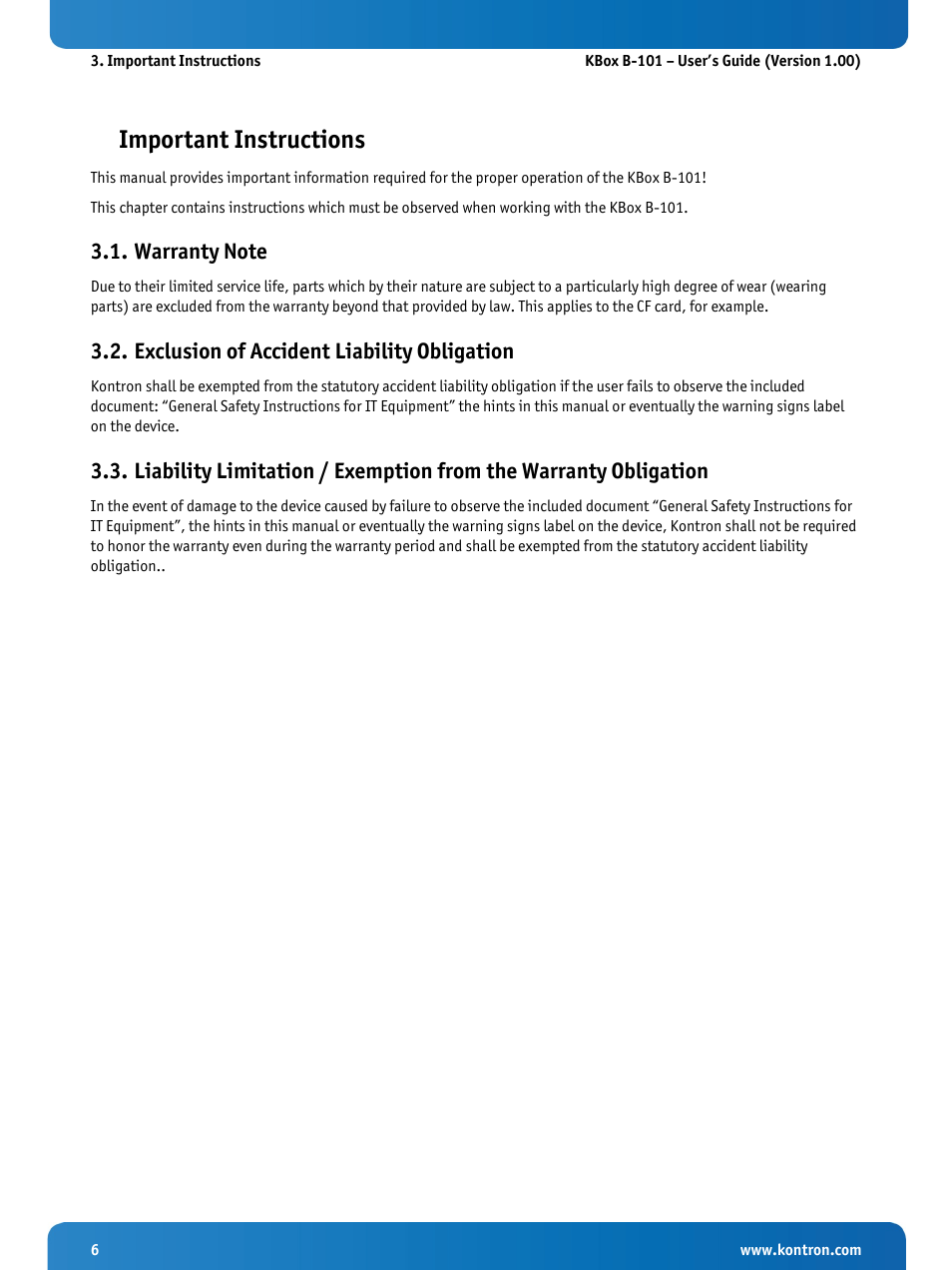 Important instructions, Warranty note, Exclusion of accident liability obligation | Kontron KBox B-101 Configuration Guide User Manual | Page 8 / 40