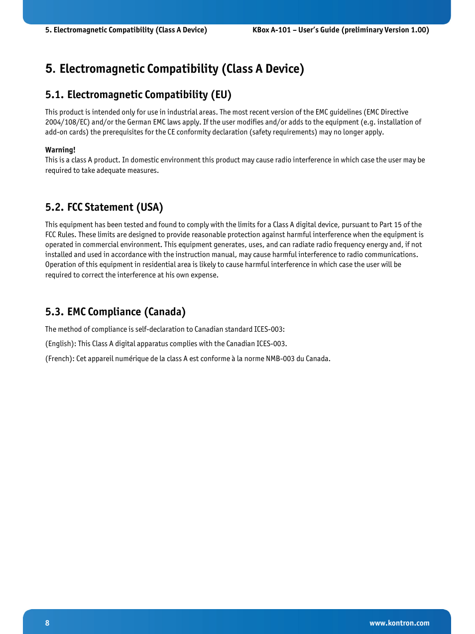 Electromagnetic compatibility (class a device), Electromagnetic compatibility (eu), Fcc statement (usa) | Emc compliance (canada) | Kontron KBox A-101 Users Guide User Manual | Page 10 / 49