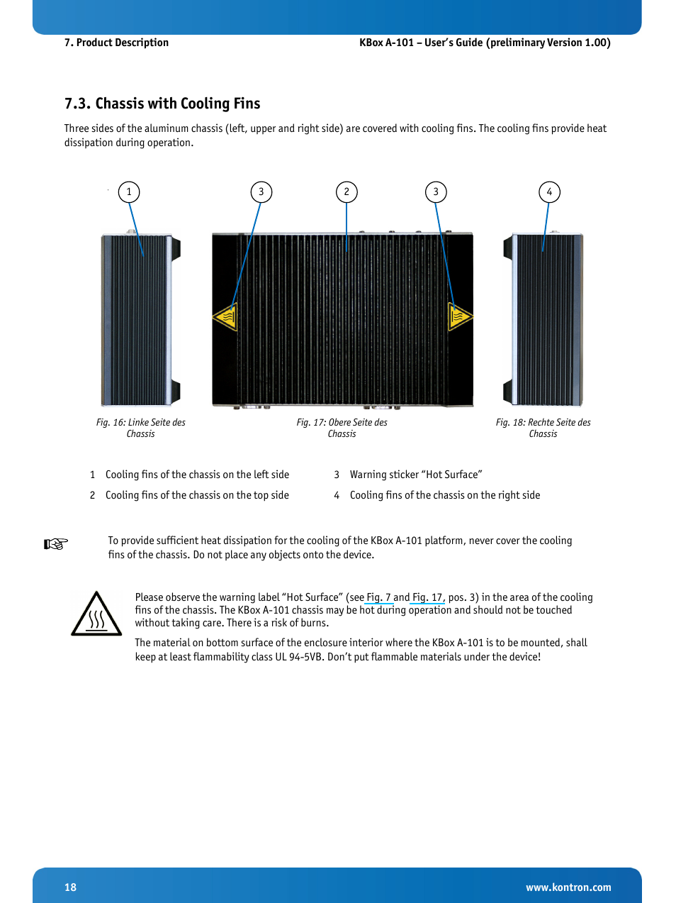 Chassis with cooling fins, Fig. 16: linke seite des chassis, Fig. 17: obere seite des chassis | Fig. 18: rechte seite des chassis | Kontron KBox A-101 Users Guide User Manual | Page 20 / 49