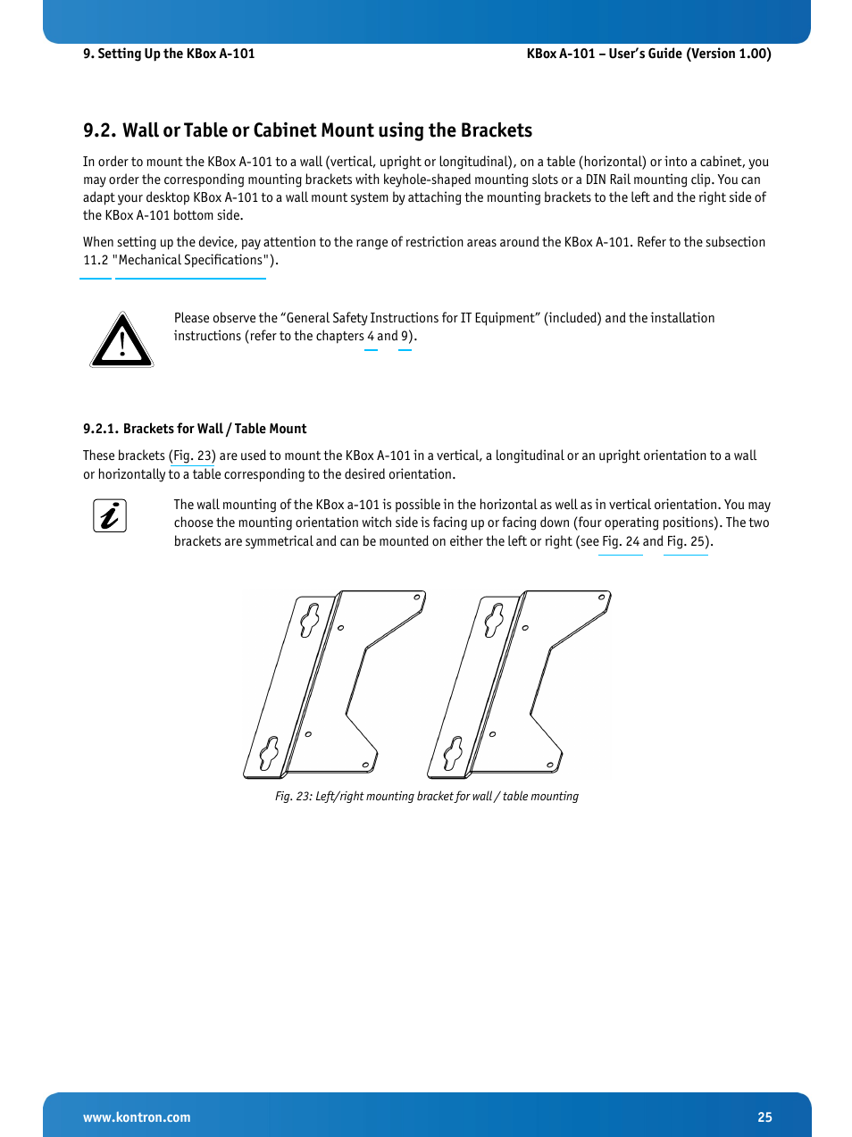 Wall or table or cabinet mount using the brackets, Brackets for wall / table mount | Kontron KBox A-101 Users Guide User Manual | Page 27 / 49