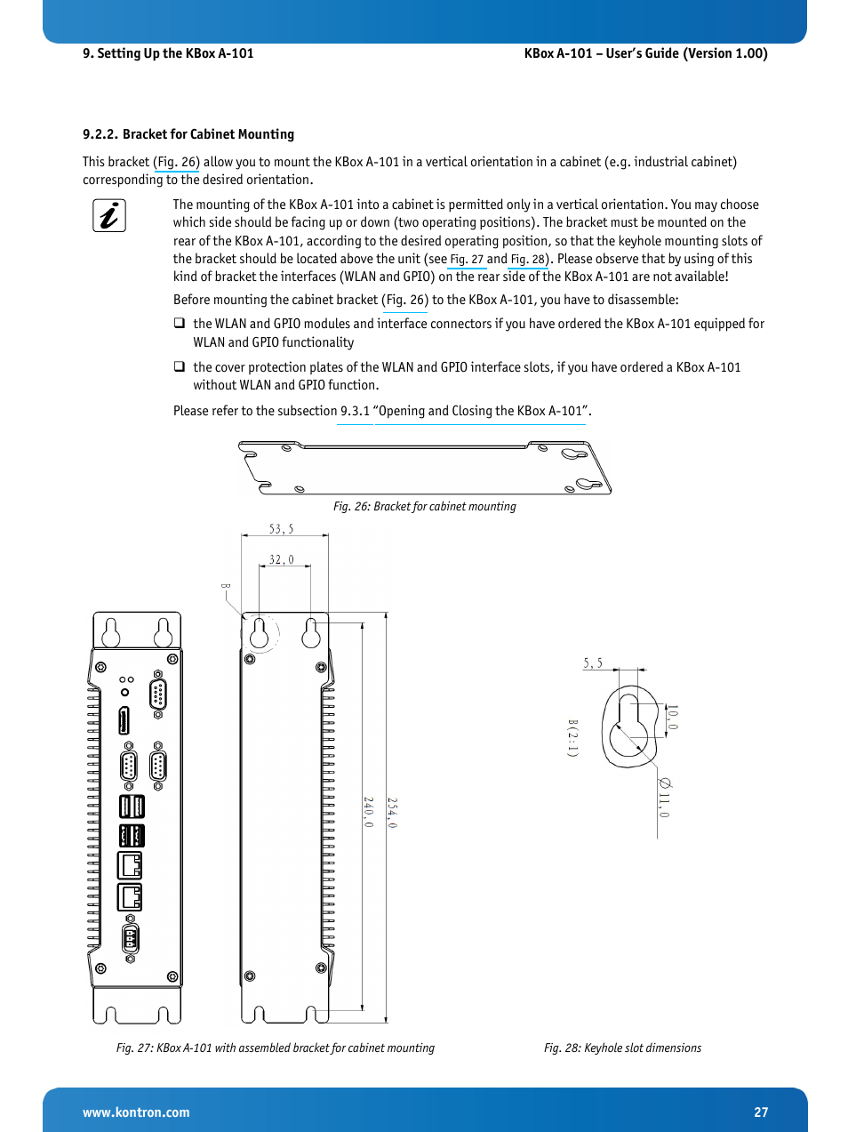 Bracket for cabinet mounting, Fig. 26: bracket for cabinet mounting, Fig. 28: keyhole slot dimensions | Kontron KBox A-101 Users Guide User Manual | Page 29 / 49