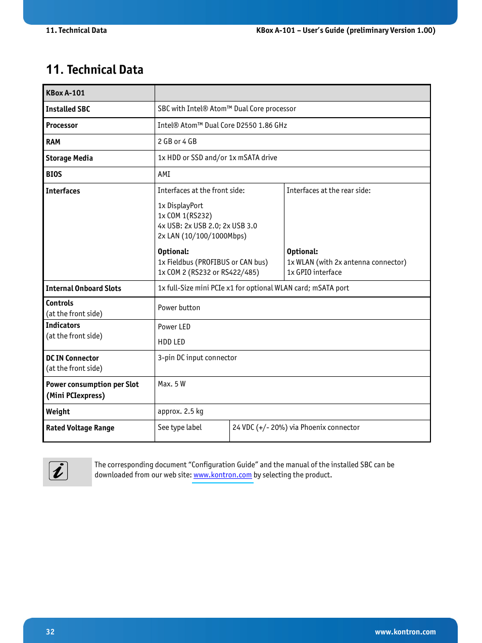 Technical data, Er 11 “technical data | Kontron KBox A-101 Users Guide User Manual | Page 34 / 49
