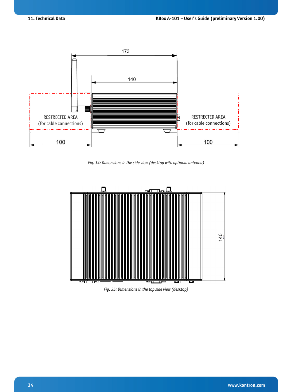 Fig. 35: dimensions in the top side view (desktop) | Kontron KBox A-101 Users Guide User Manual | Page 36 / 49