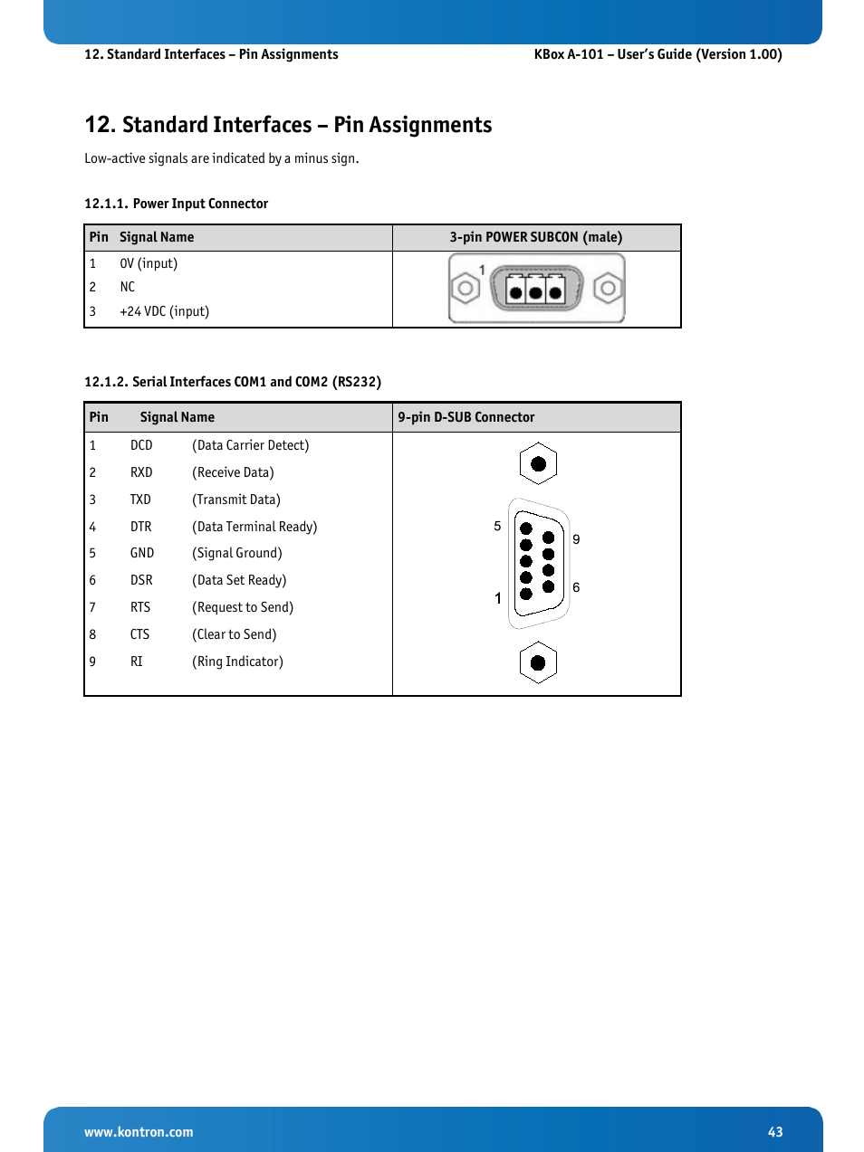 Standard interfaces – pin assignments, Power input connector, Serial interfaces com1 and com2 (rs232) | Kontron KBox A-101 Users Guide User Manual | Page 45 / 49