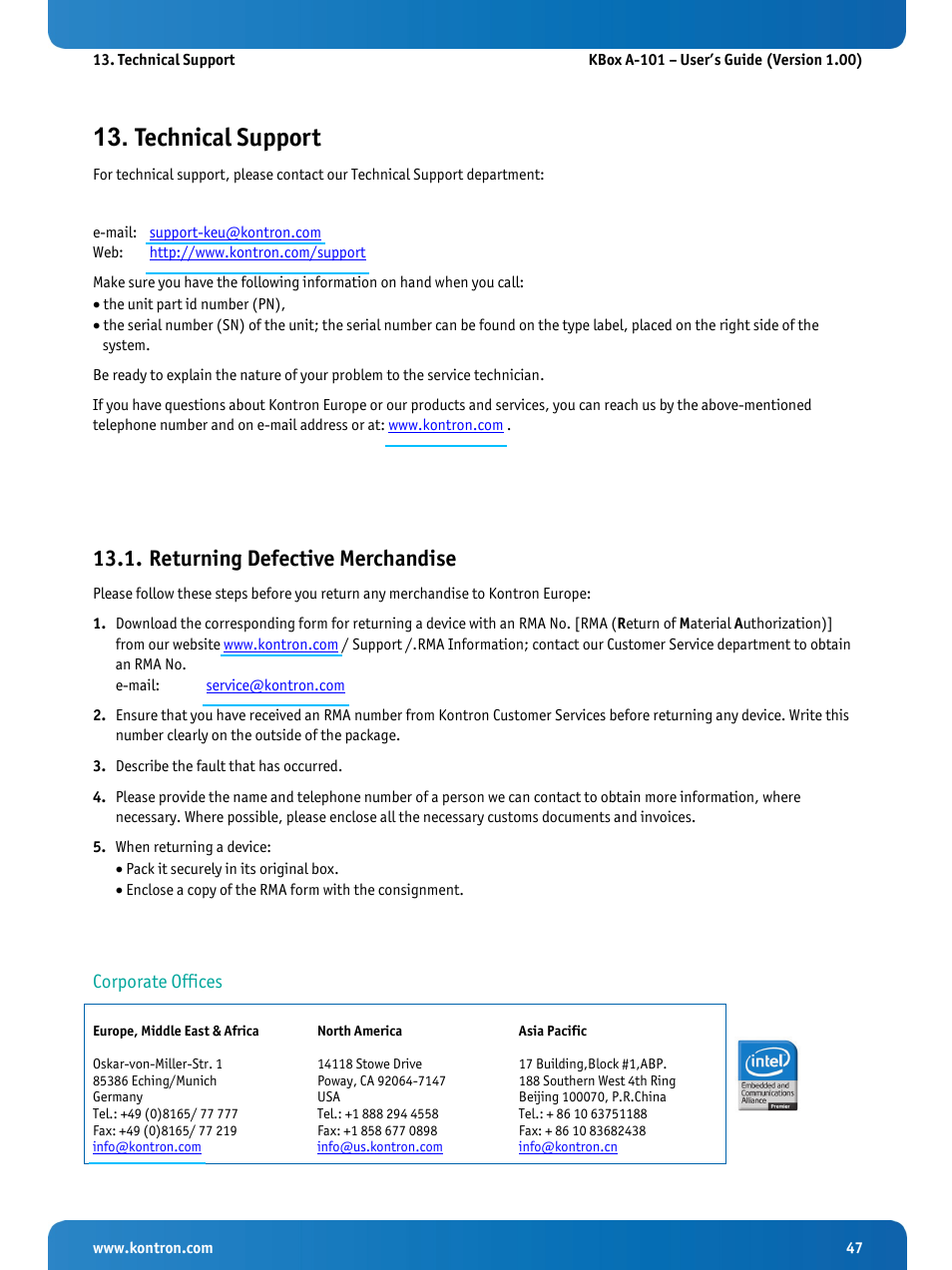 Technical support, Returning defective merchandise, Corporate offices | Kontron KBox A-101 Users Guide User Manual | Page 49 / 49