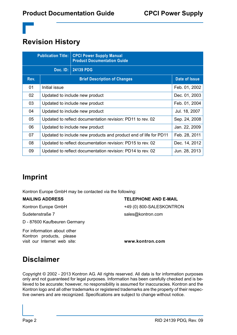 Revision history imprint, Disclaimer, Product documentation guide cpci power supply | Kontron CPCI Power Supply User Manual | Page 2 / 8