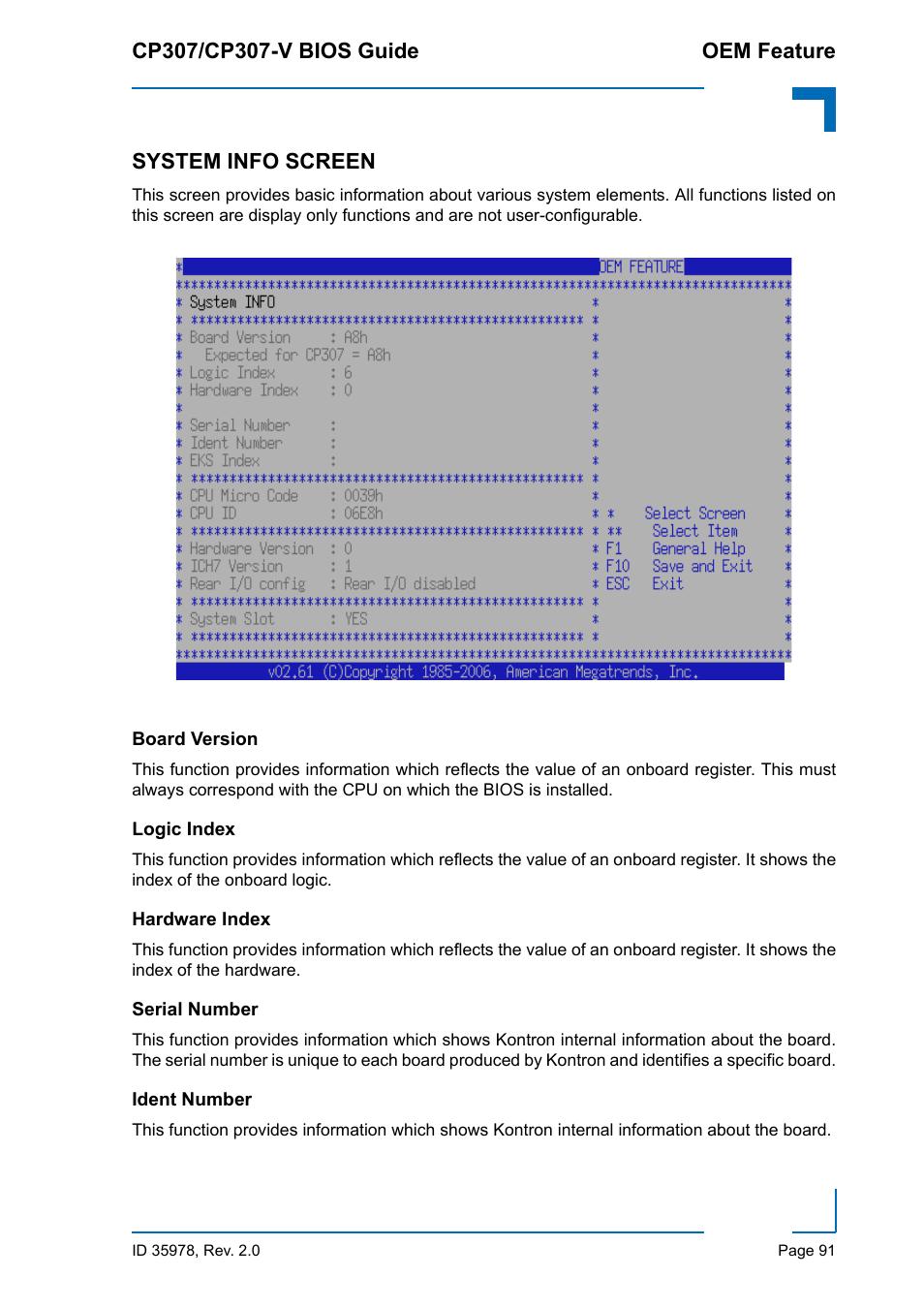 System info screen, Board version, Logic index | Hardware index, Serial number, Ident number | Kontron CP307-V BIOS User Manual | Page 101 / 126